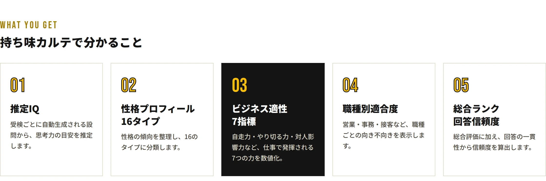 持ち味カルテで分かること：推定IQ、性格プロフィール・16タイプ、ビジネス適性7指標、職種別適合度、総合ランク・回答信頼度